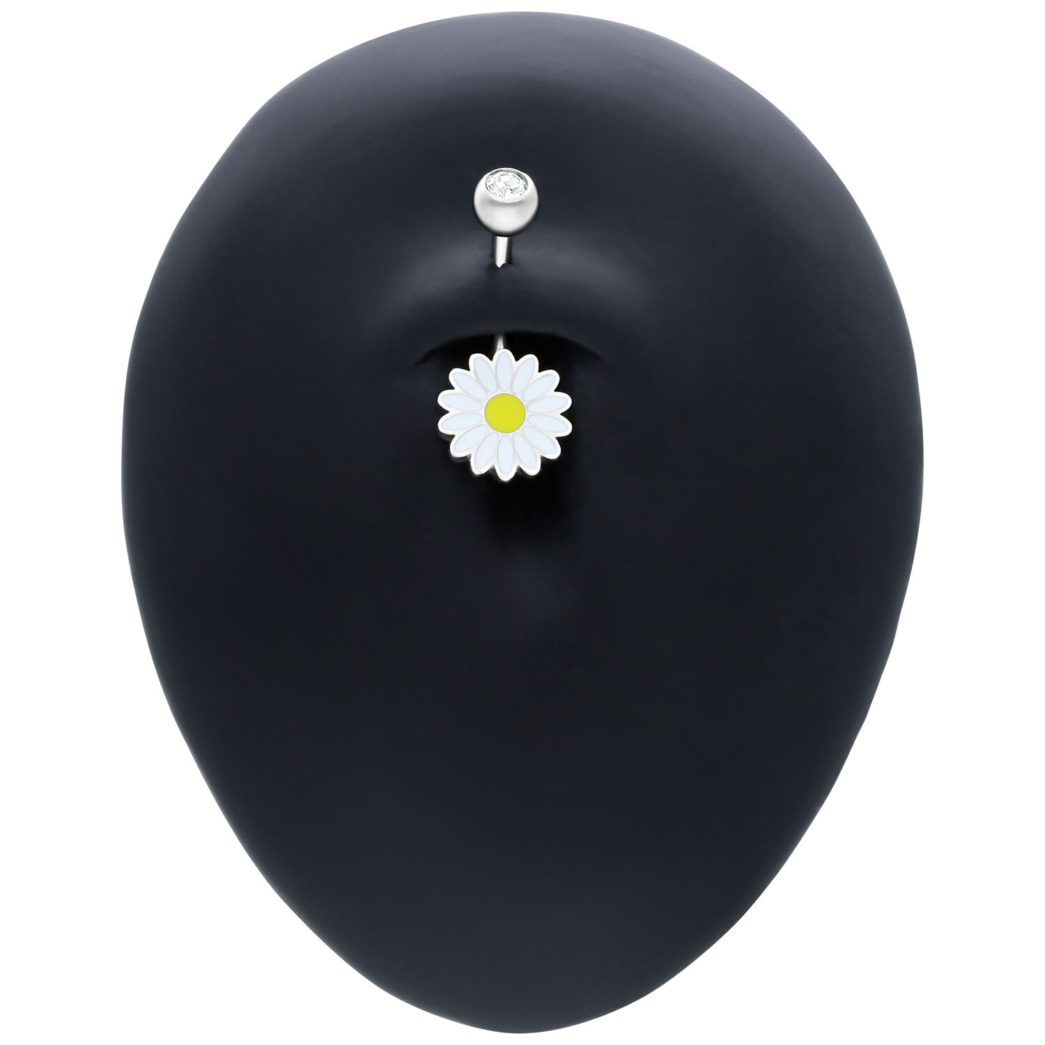 Daisy Micro Bananabell hopeassa kristallilla Hopeinen Micro Bananabell päivänkakkara-riipuksella ja kristallilla mustalla näytöllä