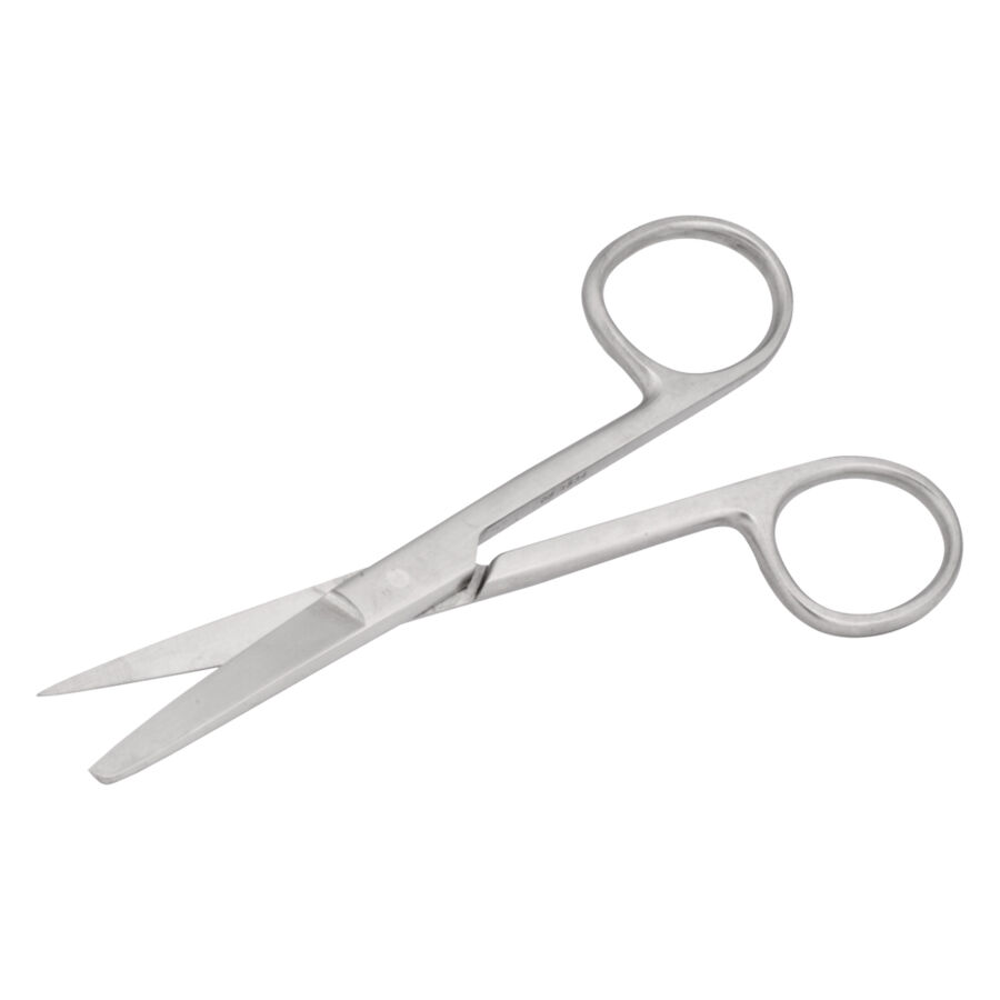 Ruostumaton teräspiercingsakset terävä/tylppä Hopeanväriset ruostumattomasta teräksestä valmistetut piercingsakset, joissa on terävä ja tylppä terä, valkoisella taustalla