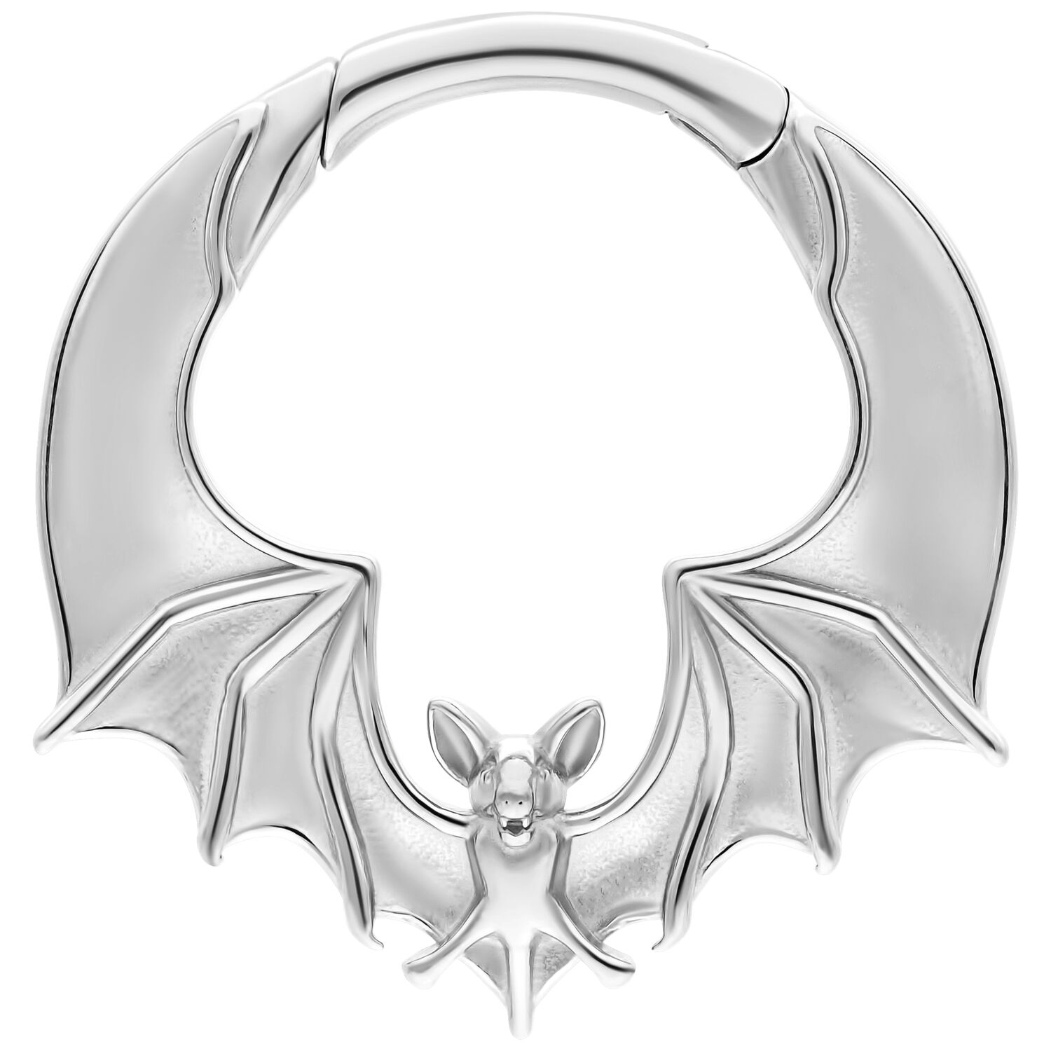 Hopeiset Bat-korvapainot kirurginteräksestä Hopeinen korvapaino lepakonsiivillä valkoisella taustalla