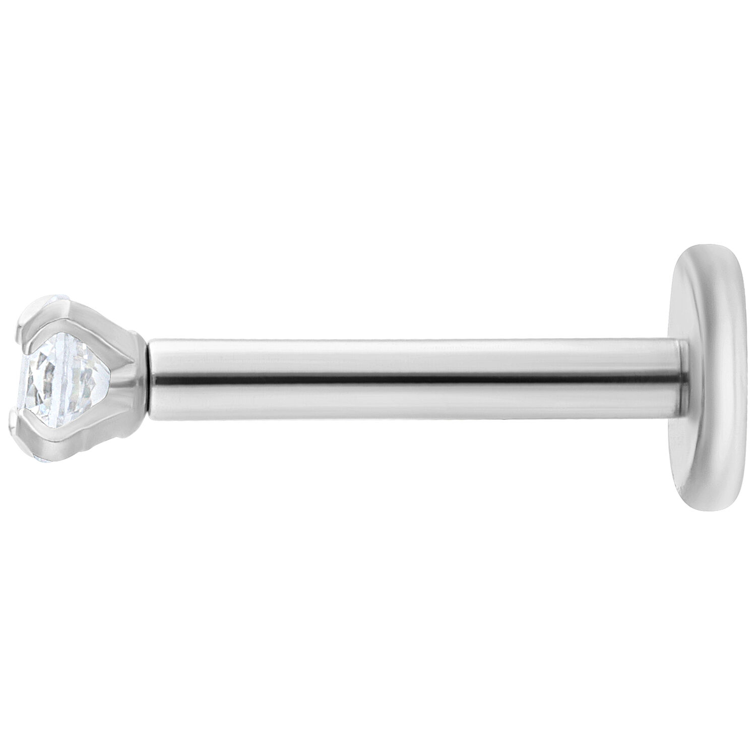 Hopeinen labret pyöreällä, kirkkaalla kristallilla valkoisella taustalla