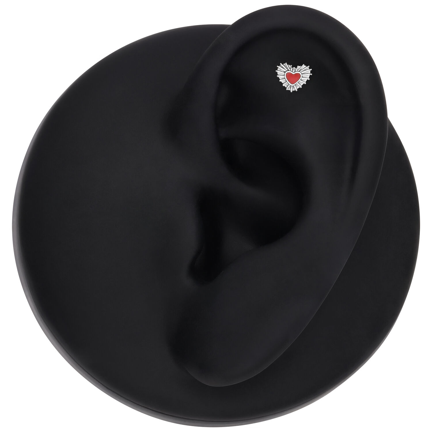 Musta Push Fit Sacred Heart -lisäosa Musta korvamalli Sacred Heart -lisäosalla hopeassa ja punaisessa