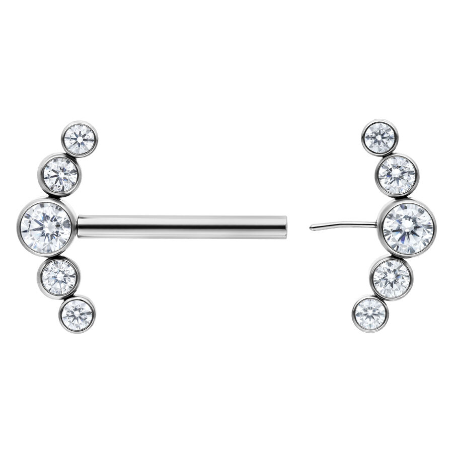 Hopeinen Penta Kristalli Barbell 14 mm Hopeinen barbell, jossa viisi kirkasta kristallia valkoisella taustalla