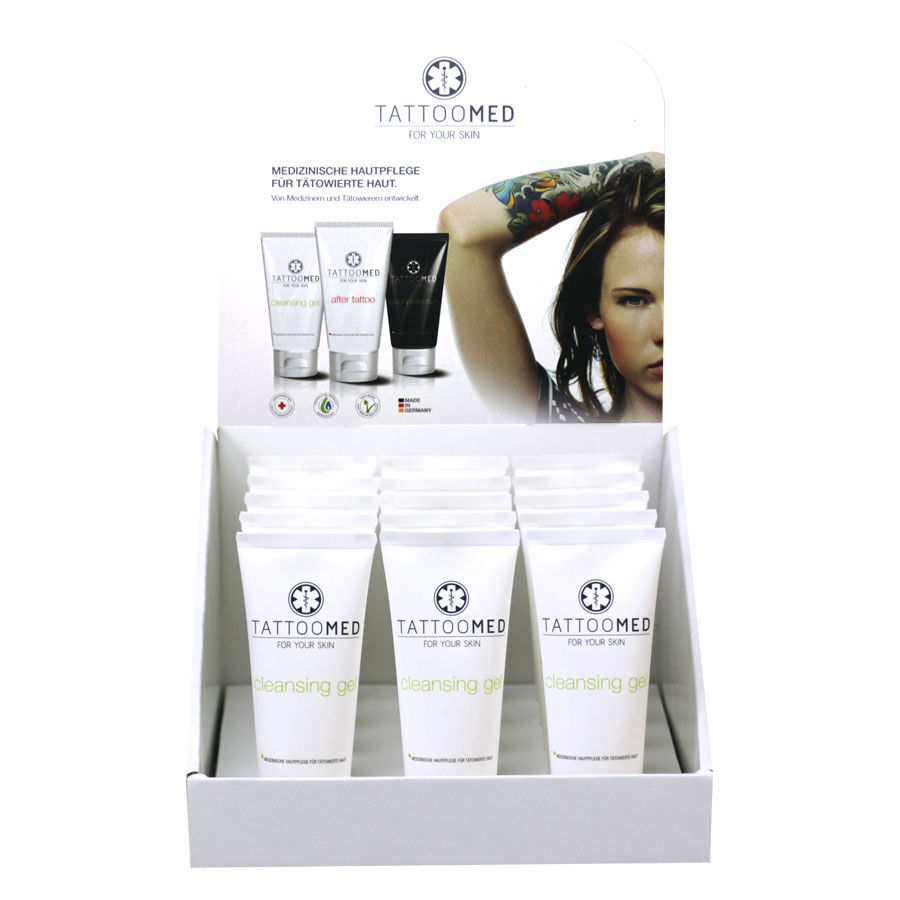TattooMed® Cleansing Gel 100ml esillä TattooMed Cleansing Gel valkoisessa tuubissa, esillä useiden tuubien kanssa