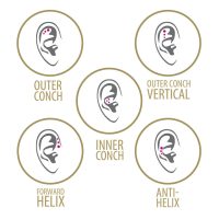Mini Titan Labret Triple Helix -lävistykseen Viisi korvakaaviota lävistysasemilla kultakehyksissä