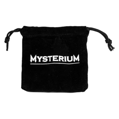 Musta polyesteripussi, jossa Mysterium-logo valkoisella taustalla