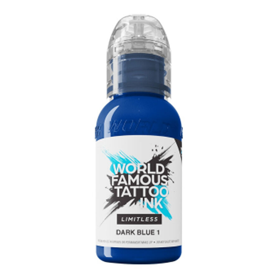World Famous Ink Limitless Dark Blue 1 V2, 30ml Tummansininen tatuointiväri, 30ml pullo valkoisella taustalla