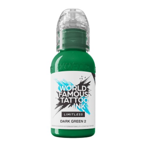 Vihreä tatuointimuste pullossa, World Famous Ink Limitless Dark Green 2 valkoisella taustalla