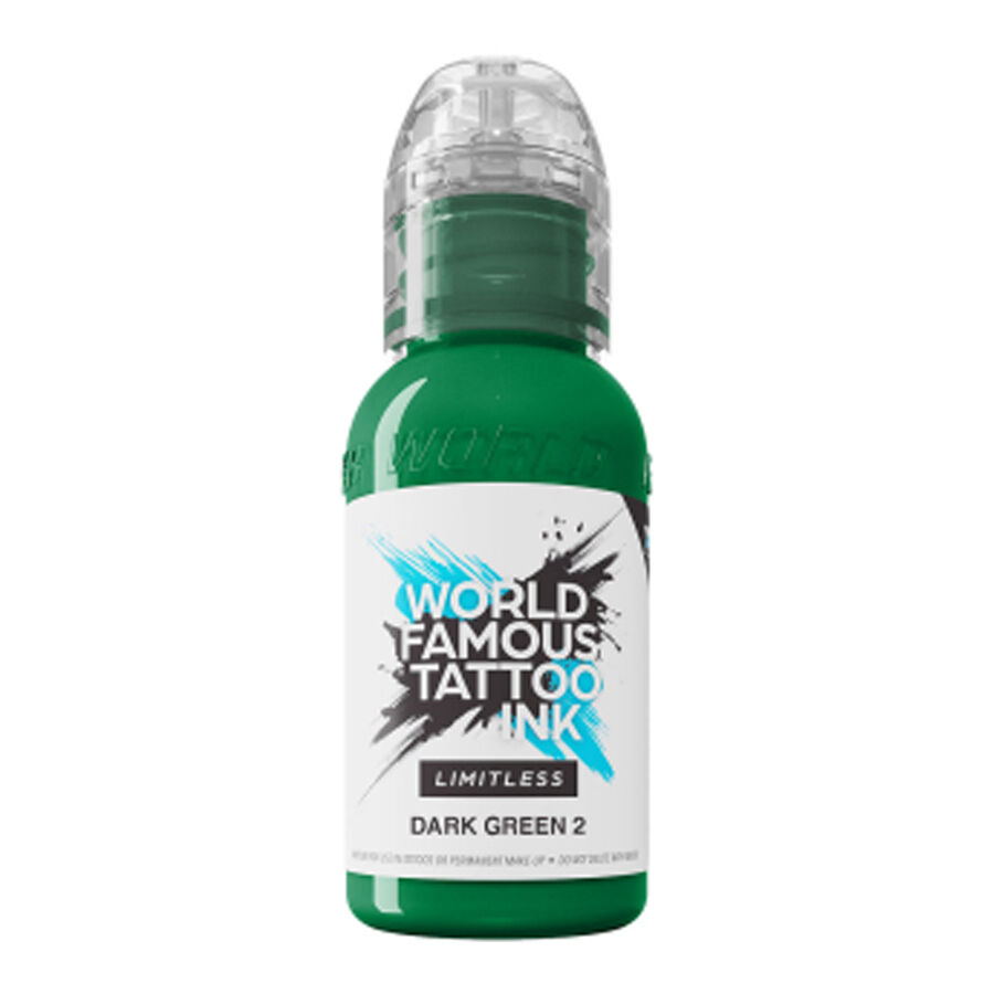 World Famous Ink Limitless Dark Green 2 Tatuointimuste Vihreä tatuointimuste pullossa, World Famous Ink Limitless Dark Green 2 valkoisella taustalla