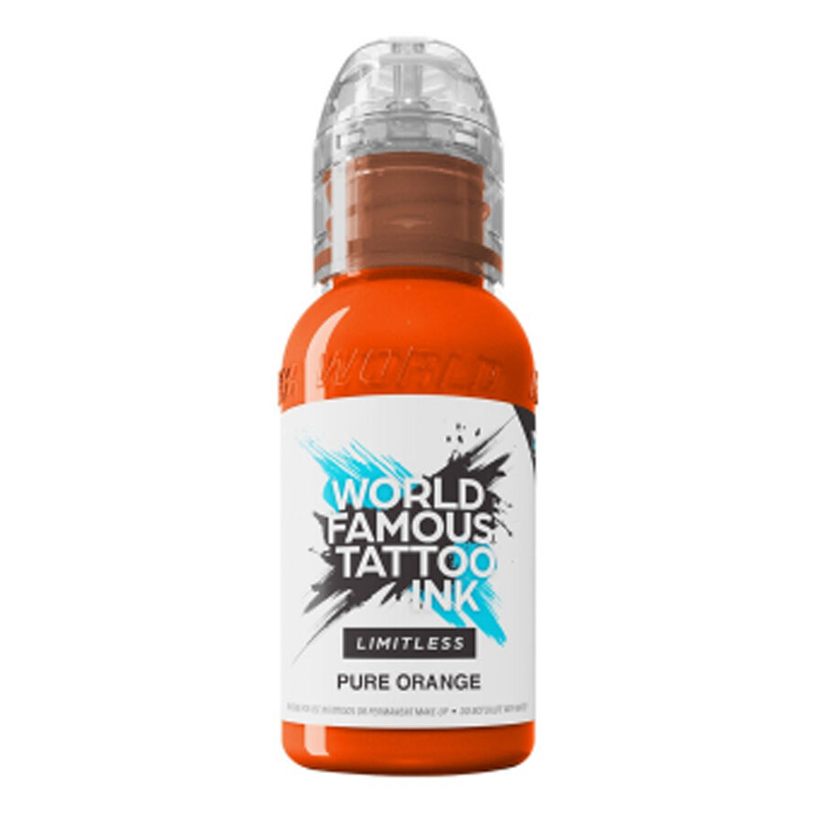 World Famous Ink Limitless Pure Orange 30ml Oranssi tatuointiväri pullo, World Famous Ink, valkoisella taustalla