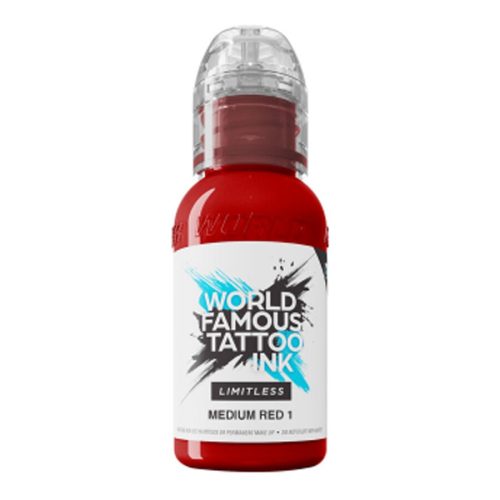 Punainen tatuointiväri World Famous Inkiltä, 30 ml pullo valkoisella taustalla
