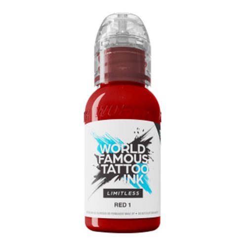 Punainen tatuointiväripullo, World Famous Ink, 30 ml, valkoisella taustalla