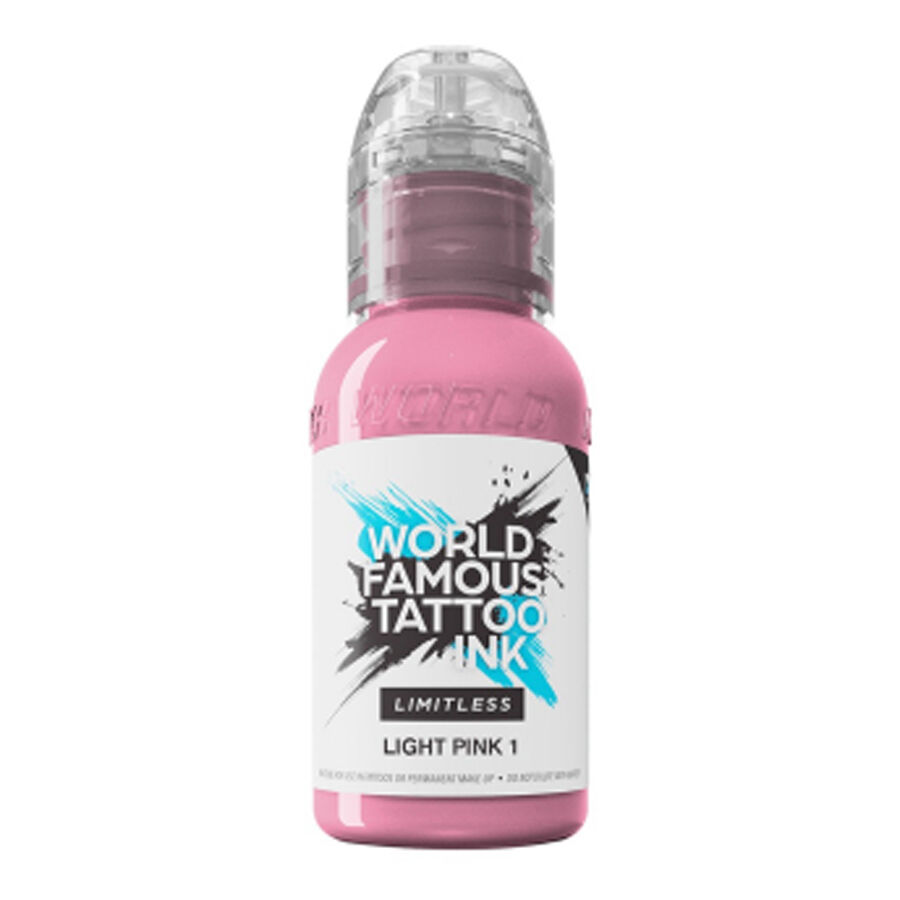 World Famous Ink Vaaleanpunainen Tatuointiväri 30ml World Famous Ink Limitless Vaaleanpunainen Tatuointiväri pullo valkoisella taustalla