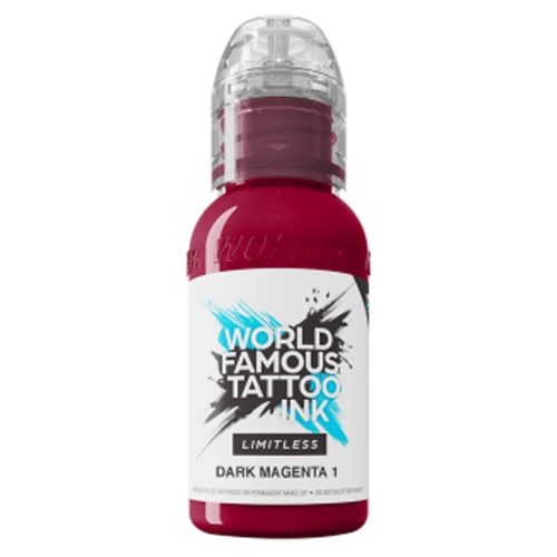 Pullo, jossa on World Famous Tattoo Ink Limitless Dark Magenta valkoisella taustalla