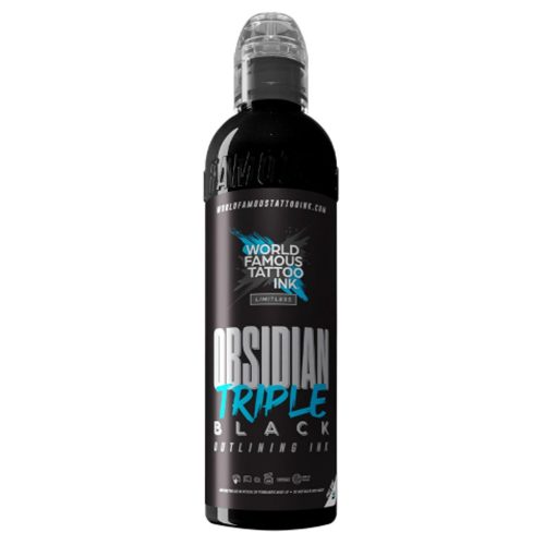 Musta World Famous Ink Obsidian Triple Black -pullo valkoisella taustalla