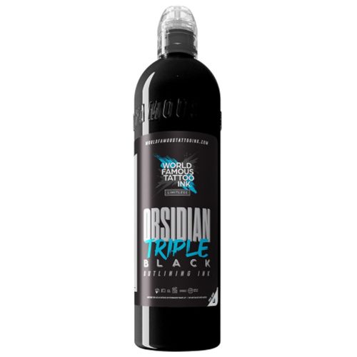 Musta World Famous Ink Limitless Obsidian -pullo valkoisella taustalla