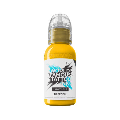 Keltainen World Famous Ink muste 30 ml pullossa, valkoisella taustalla