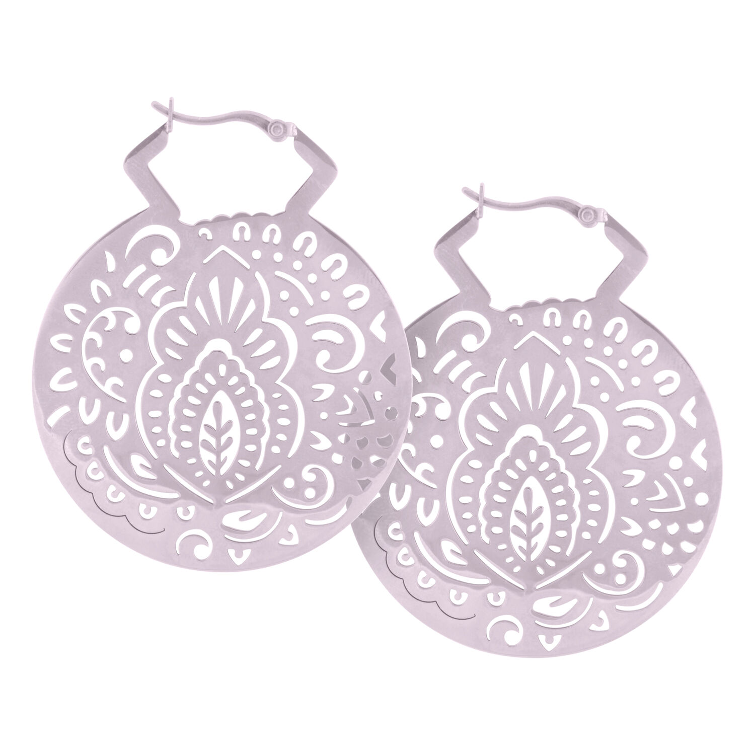 Mustat ja hopeiset Mehndi Hoops -korvakorut, joissa on hieno kuvio valkoisella taustalla