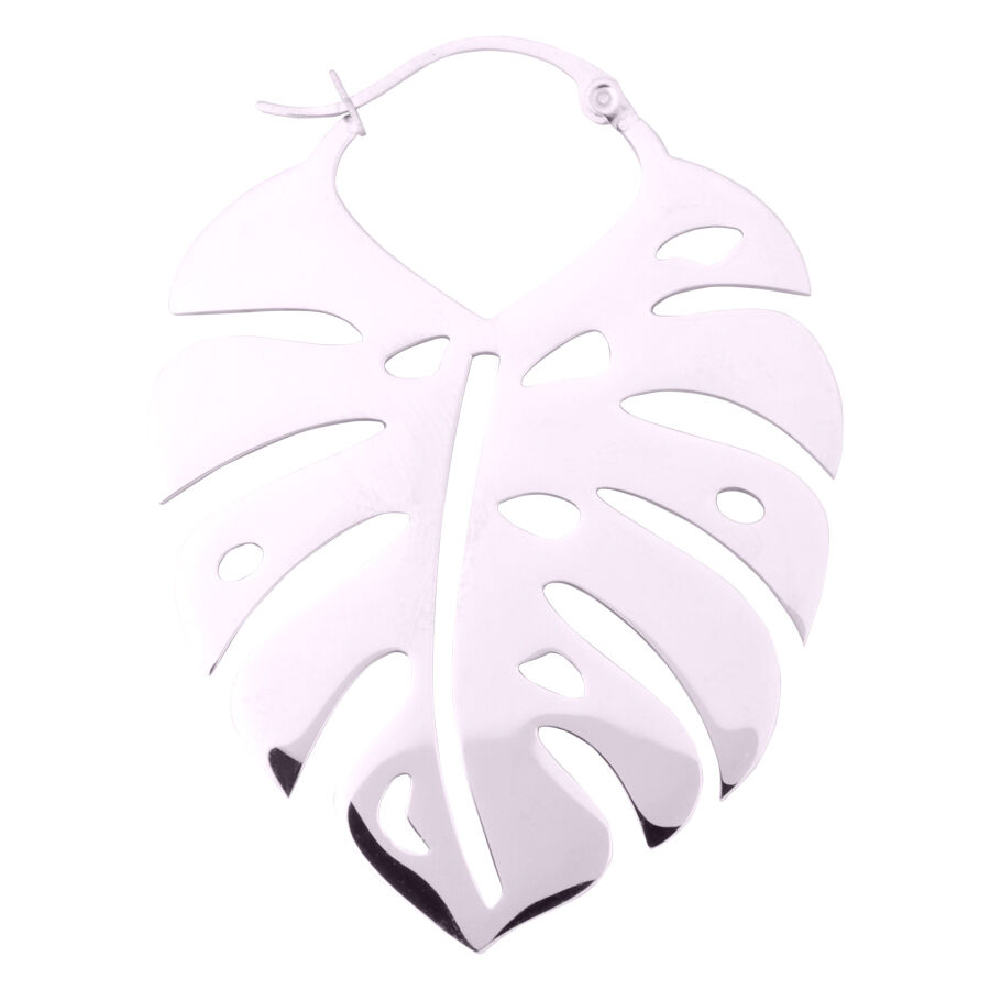Hopeanvärinen Monstera Leaf -korvakoru valkoisella taustalla