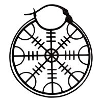 Pyöreä musta ruostumattomasta teräksestä valmistettu korvakoru, jossa Helm of Awe -kuvio valkoisella taustalla
