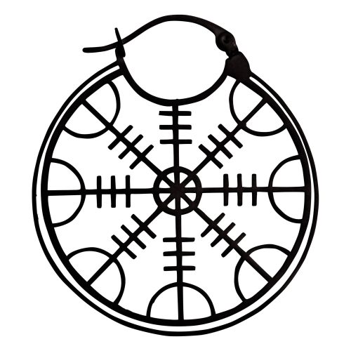 Pyöreä musta ruostumattomasta teräksestä valmistettu korvakoru, jossa Helm of Awe -kuvio valkoisella taustalla