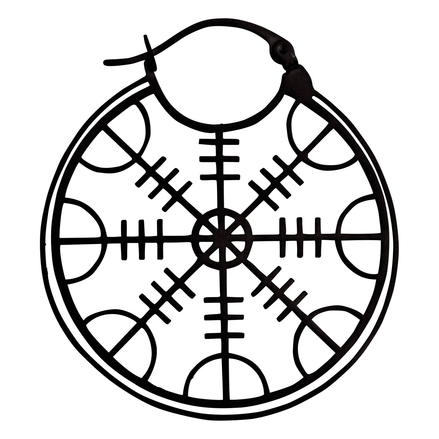 Pyöreä musta ruostumattomasta teräksestä valmistettu korvakoru, jossa Helm of Awe -kuvio valkoisella taustalla