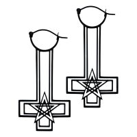 Musta pentagrammi korvakorut kirurginteräksestä Kaksi mustaa risti-pentagrammi korvakorua kirurginteräksestä valkoisella taustalla