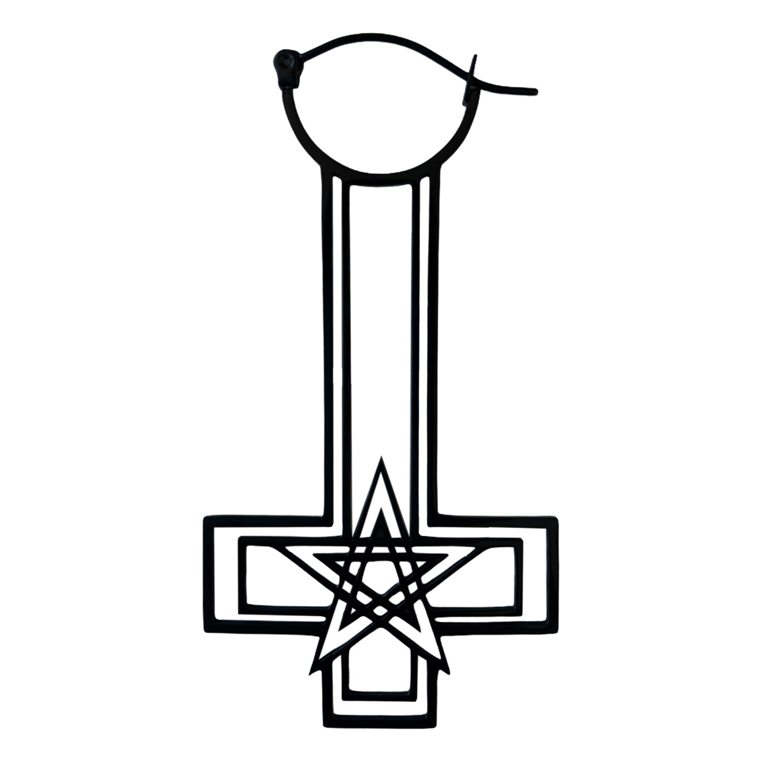 Musta Cross Pentagram Sinner Hoops Korvakorut Mustat korvakorut ristin muodossa pentagrammilla valkoisella taustalla