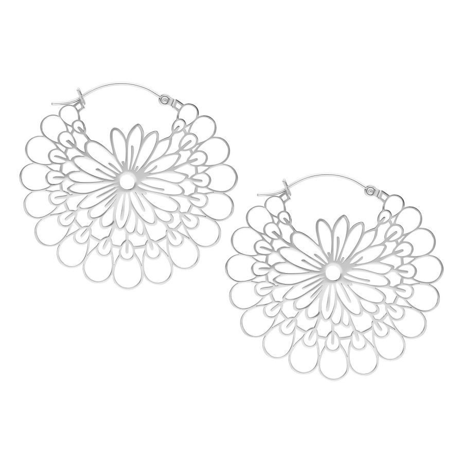 Hopeiset Daisy Hoops -korvakorut kirurginteräksestä valkoisella taustalla