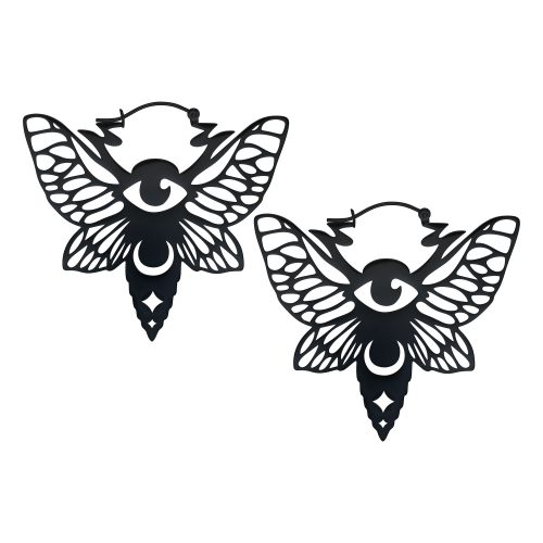 Musta Moth Hoops -korvakorut, joissa siipi- ja silmäkuvio valkoisella taustalla