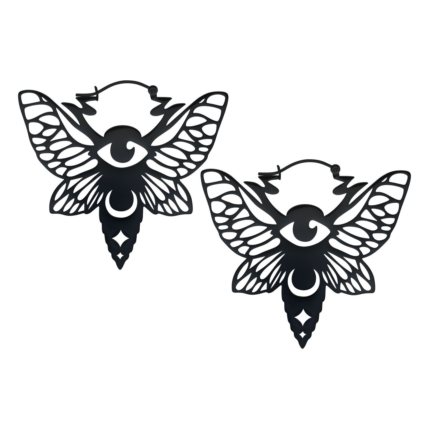 Musta Moth Hoops -korvakorut, joissa siipi- ja silmäkuvio valkoisella taustalla