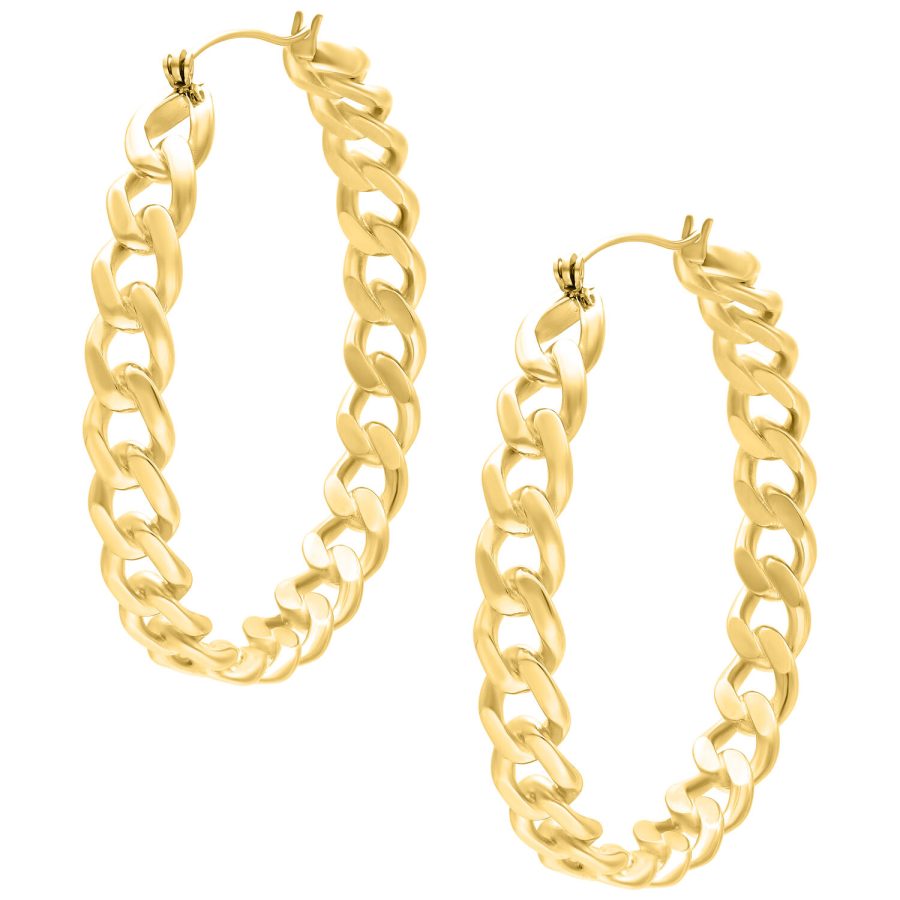 Kaksi kultaista Curbchain Hoops -korvakorua valkoisella taustalla