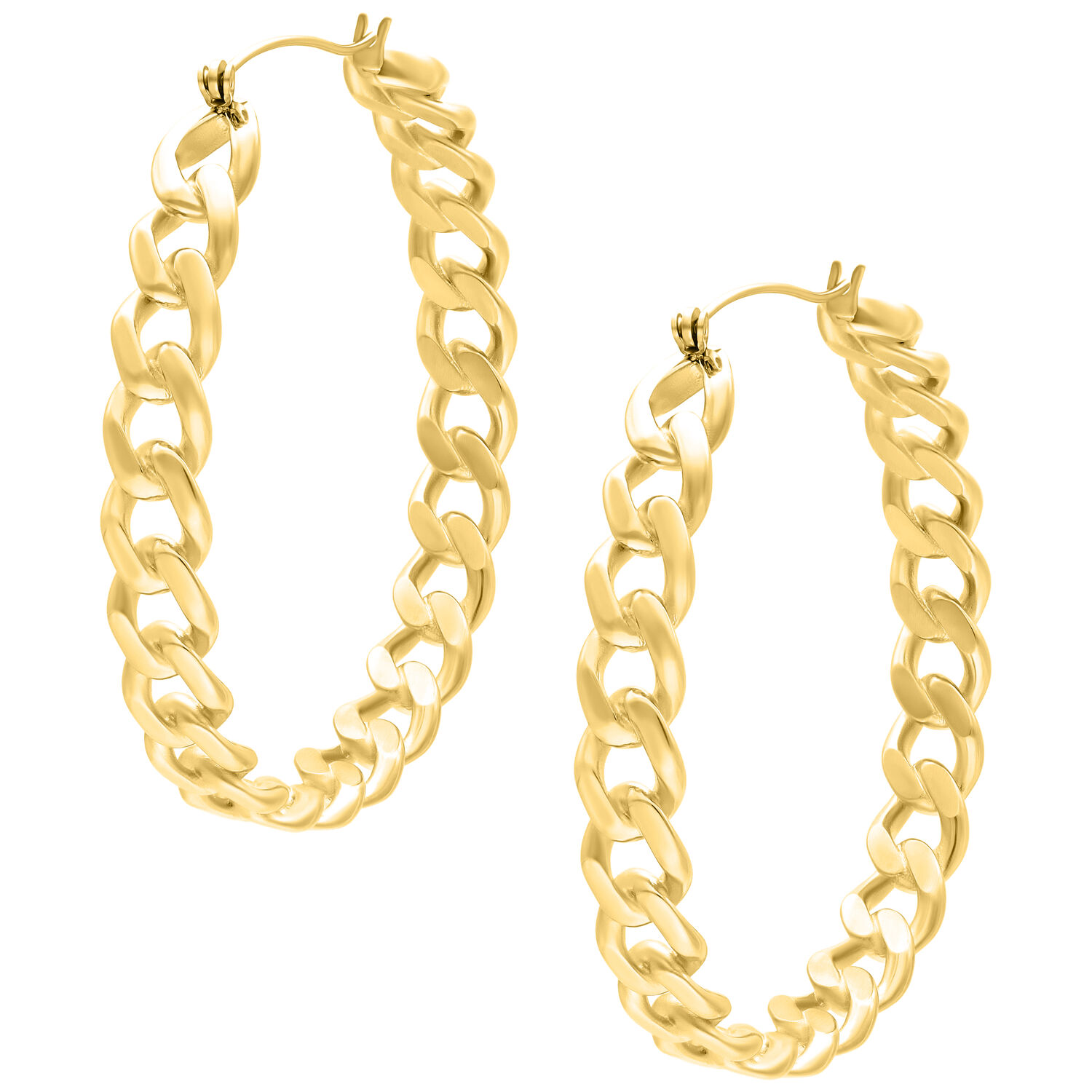 Kaksi kultaista Curbchain Hoops -korvakorua valkoisella taustalla