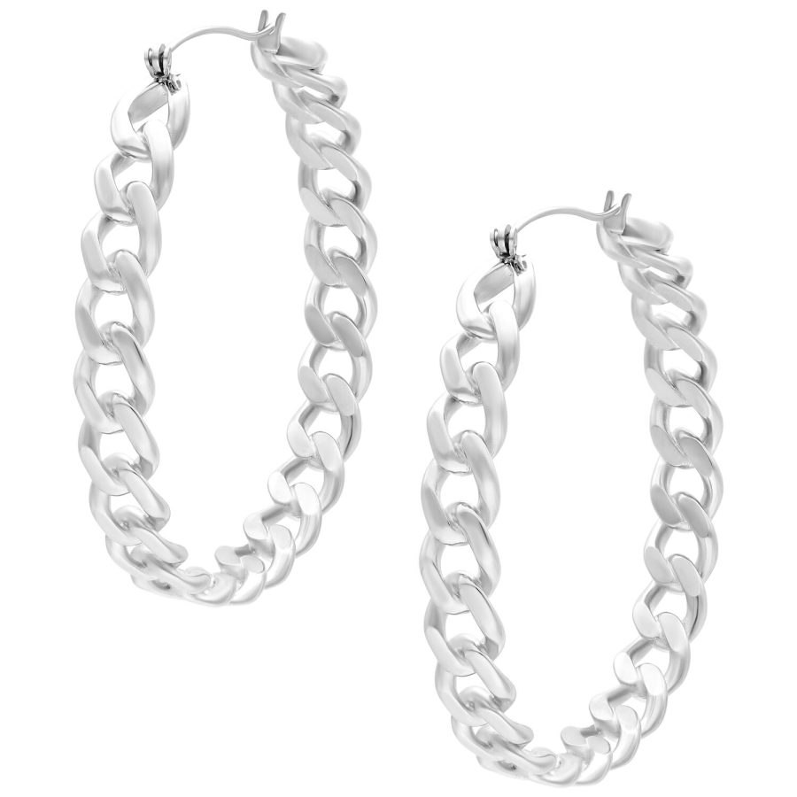 Hopeiset Curbchain Hoops kirurginteräksestä klipsilukolla valkoisella taustalla