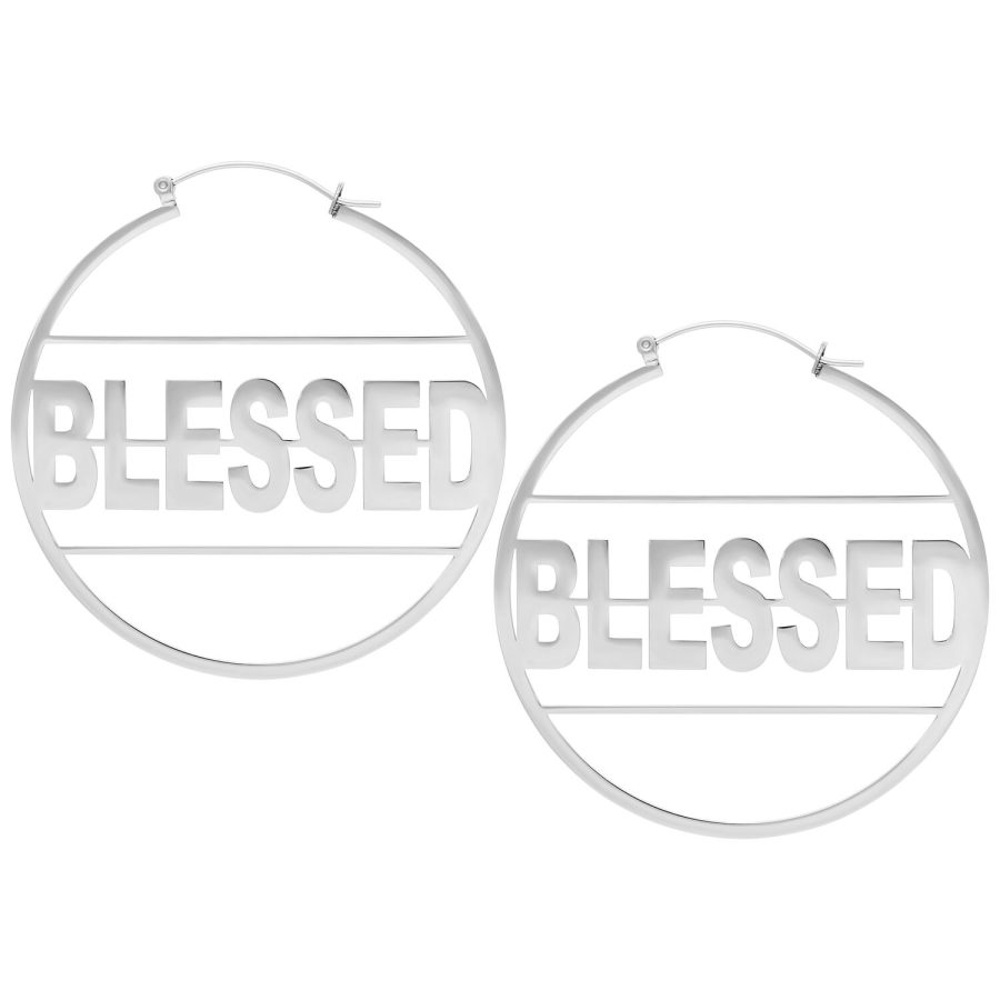 Hopeiset Hoops-korvakorut 'Blessed' tekstillä valkoisella taustalla