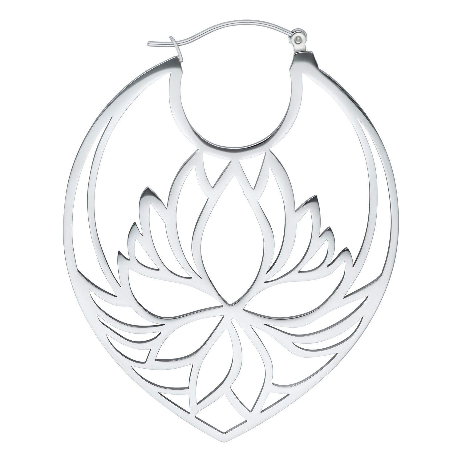 Hopeiset Lotus Hoops -korvakorut ruostumattomasta teräksestä valkoisella taustalla