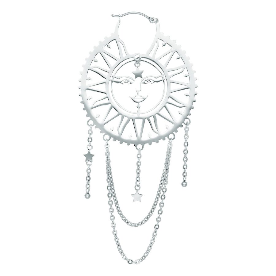 Hopeiset Oldschool Sun Moon -korvakorut aurinko-kuu-designilla valkoisella taustalla