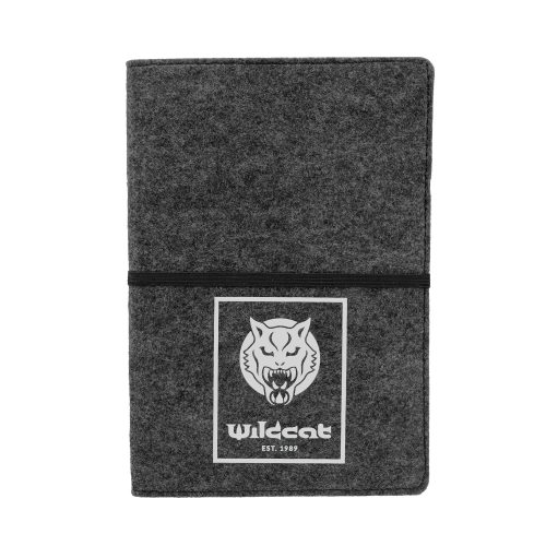 Harmaa muistikirja huovasta Wildcat-logolla ja joustavalla nauhalla