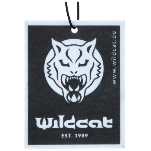 Suorakulmainen Wildcat autotuoksu mustalla villikissan logolla valkoisella taustalla