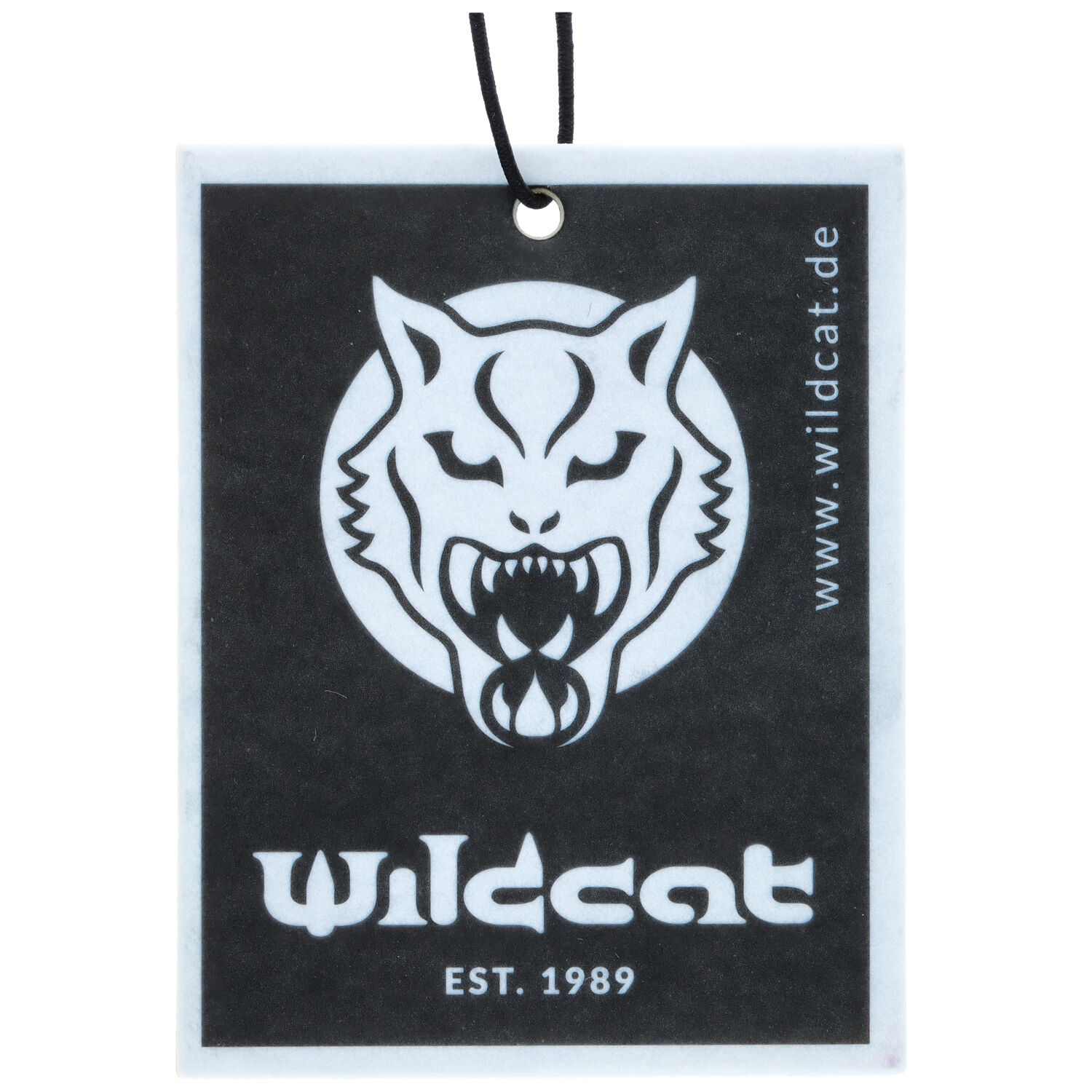 Suorakulmainen Wildcat autotuoksu mustalla villikissan logolla valkoisella taustalla