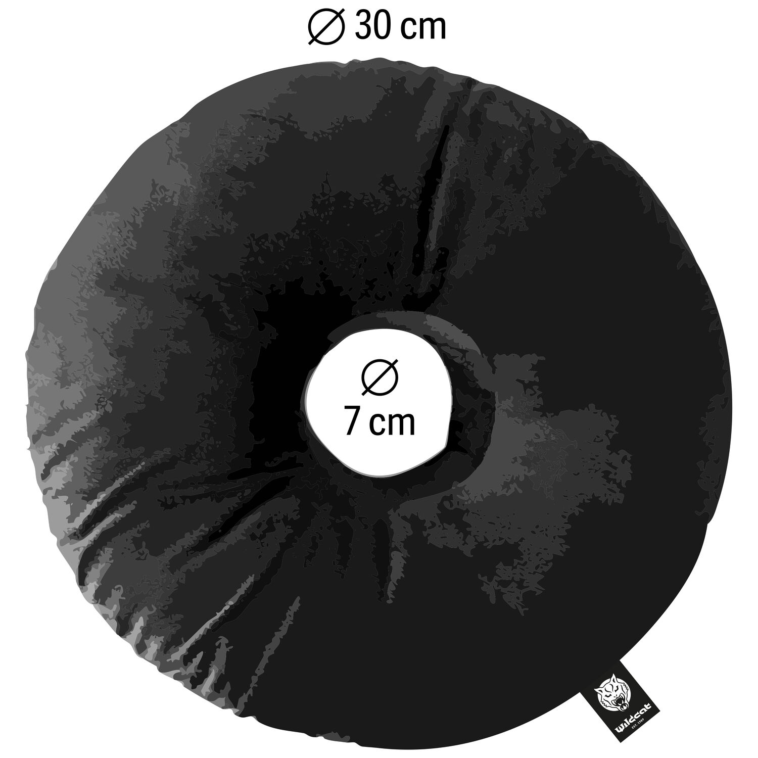 Musta Wildcat-piercingtyyny 30 cm Pyöreä musta polyesteristä valmistettu piercingtyyny, halkaisija 30 cm, näkyvä Wildcat-logo-etiketti