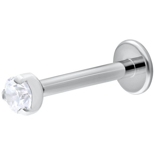 Valkokultainen Push-Fit Labret kristallinkirkkaalla kivellä, pituus 6 mm, pallokoko 2 mm, valkoisella taustalla