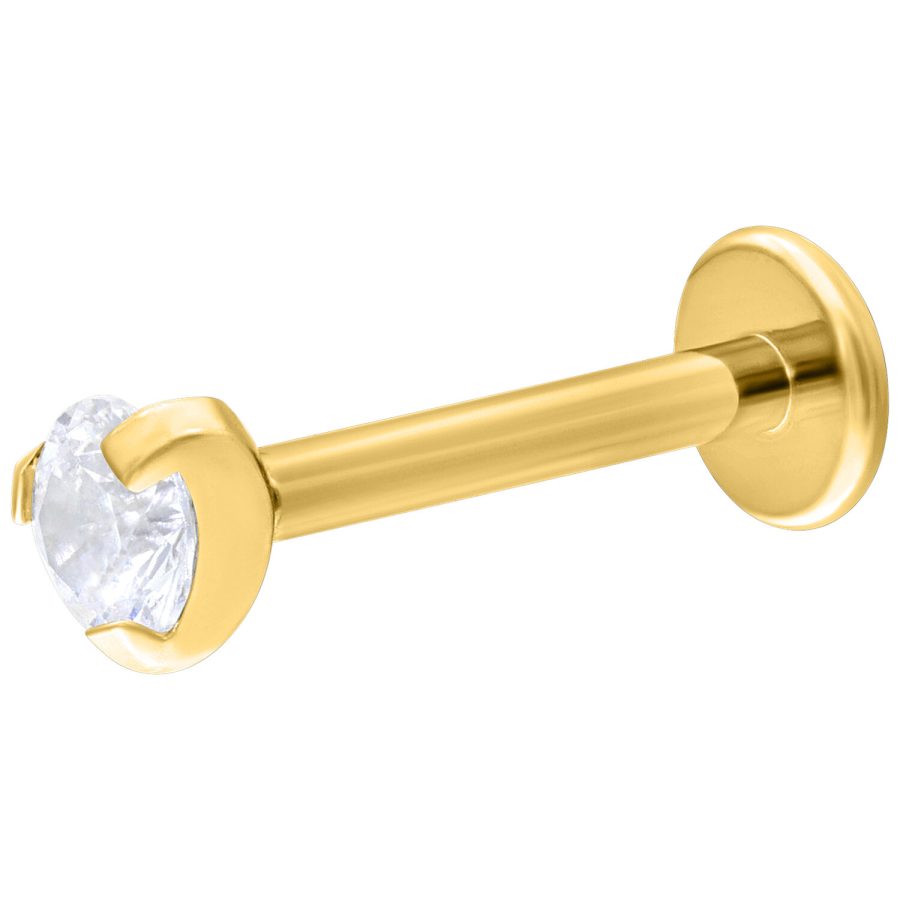 Kultainen labret-lävistys kirkkaalla kristallilla, 6mm pituus, 3mm pallo