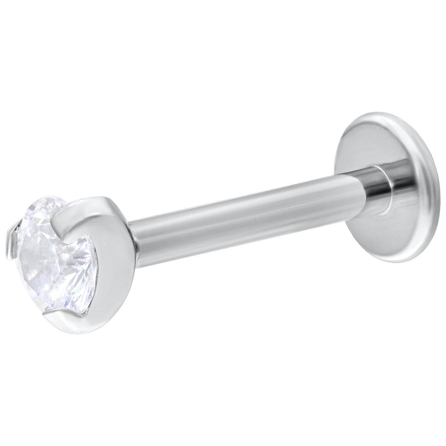 Valkokultainen Labret Kristallilla 6 mm Valkokultainen Single Crystal Push-Fit Labret, 6 mm pituus, 3 mm kristalli, valkoisella taustalla