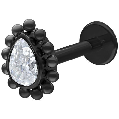 Musta labret kristallinkirkkaalla pisaralla valkoisella taustalla