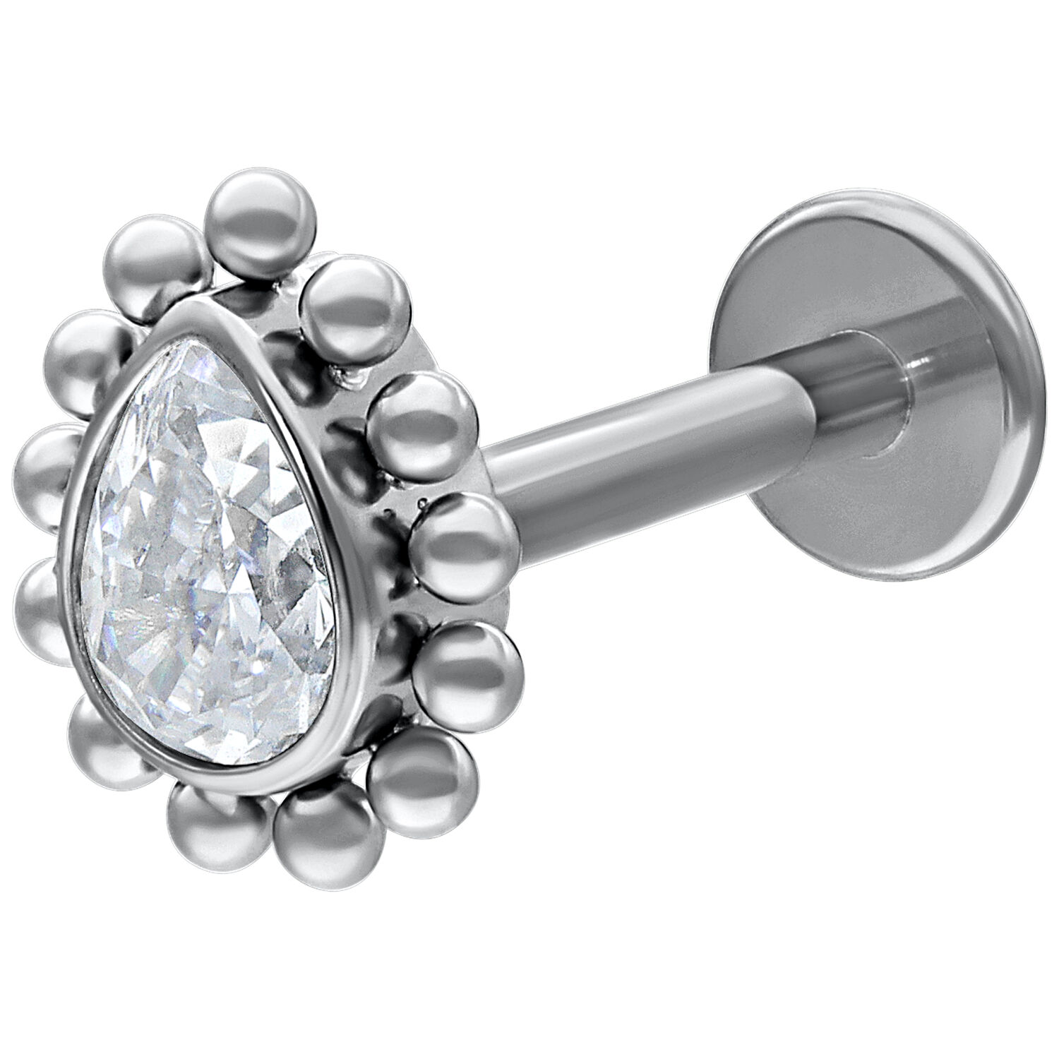Kristallikyynele Labret, Valkokulta, 12 mm Valkokultainen labret pisaranmuotoisella kristallilla valkoisella taustalla