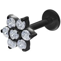 Musta Crystal Flower Push-Fit Labret 6mm Musta labret kristallinkirkkailla kukkakivillä valkoisella taustalla