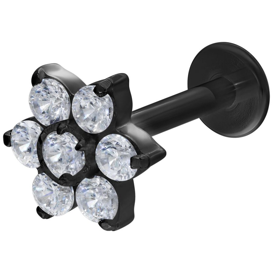 Musta labret kristallinkirkkailla kukkakivillä valkoisella taustalla