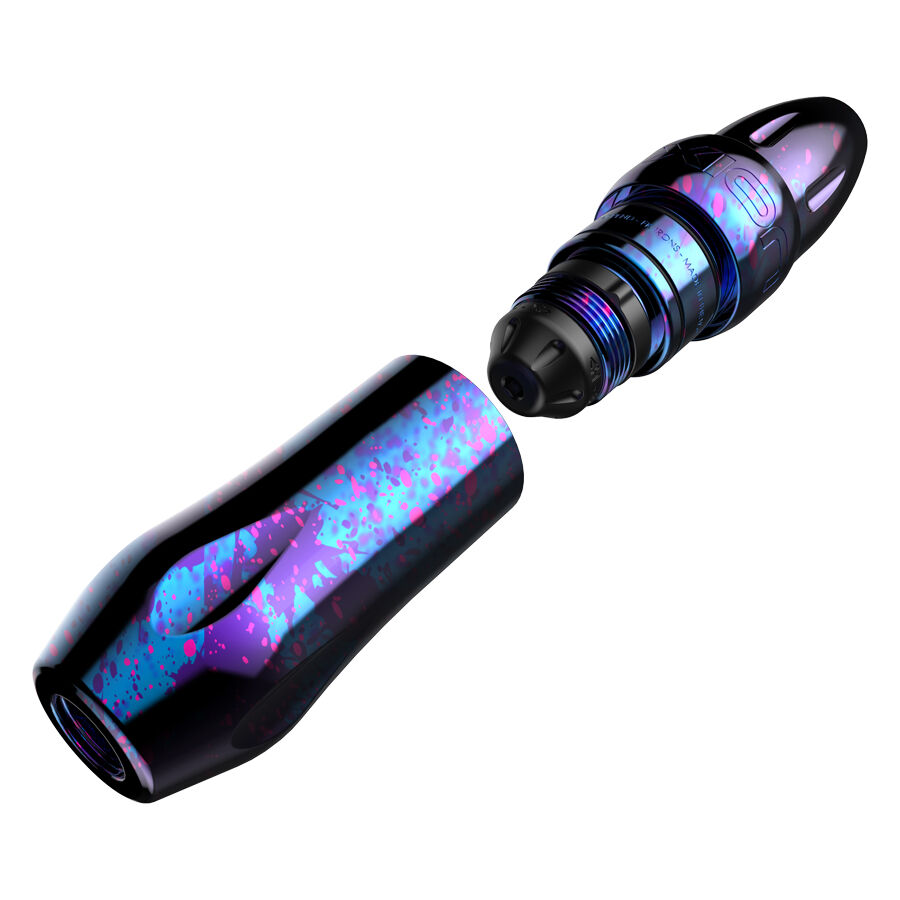 Xion Pen Cosmic Storm tatuointikone vaaleanpunaisena, sinisenä ja lilana valkoisella taustalla