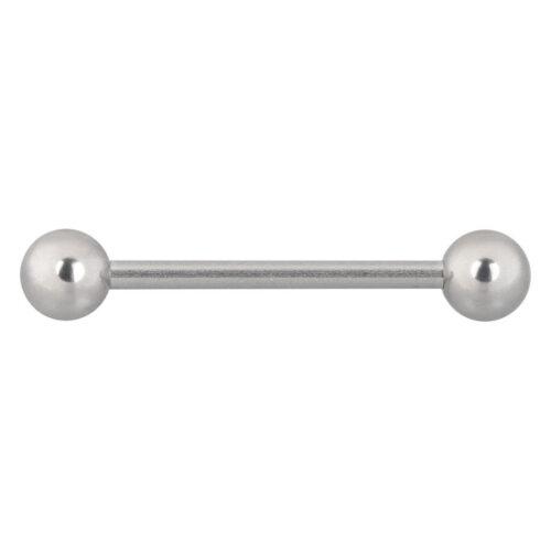 Hopeinen titaaninen barbell, 18 mm pitkä ja 5 mm pallot valkoisella taustalla