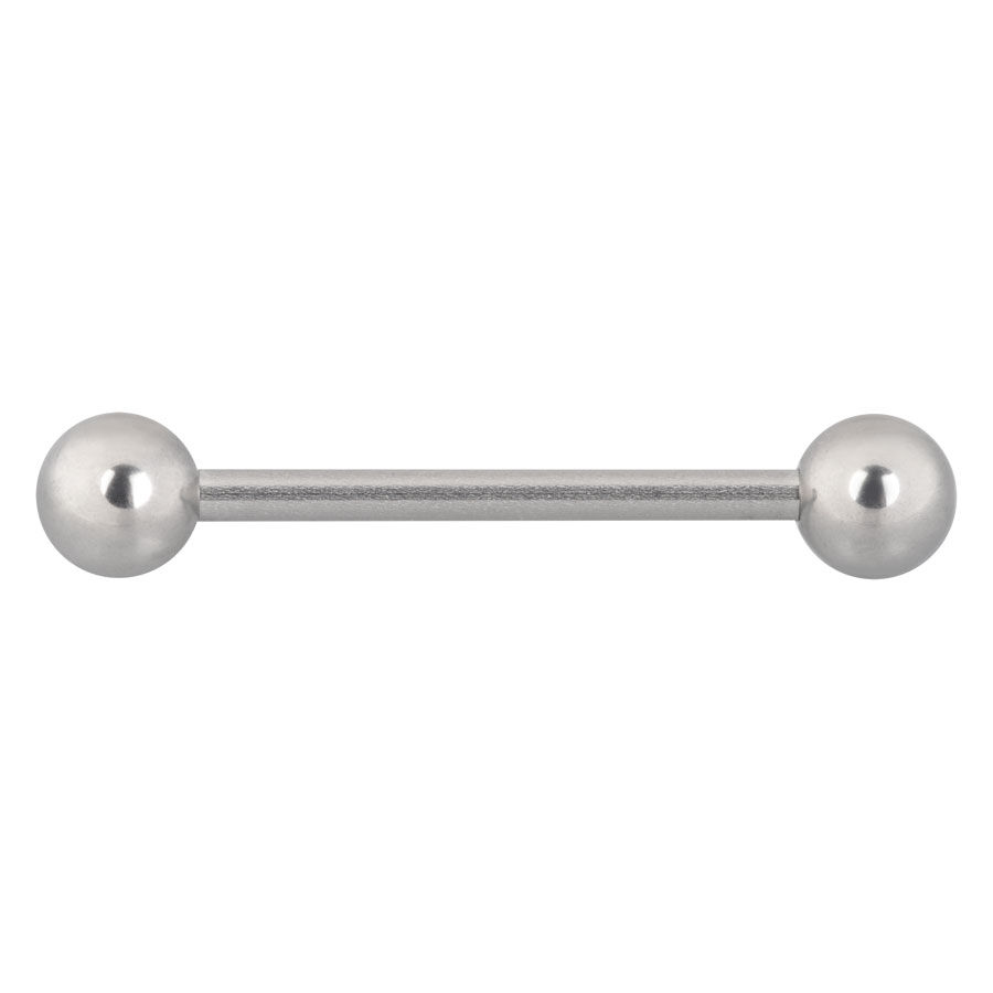 Hopeinen titaaninen barbell, 18 mm pitkä ja 5 mm pallot valkoisella taustalla